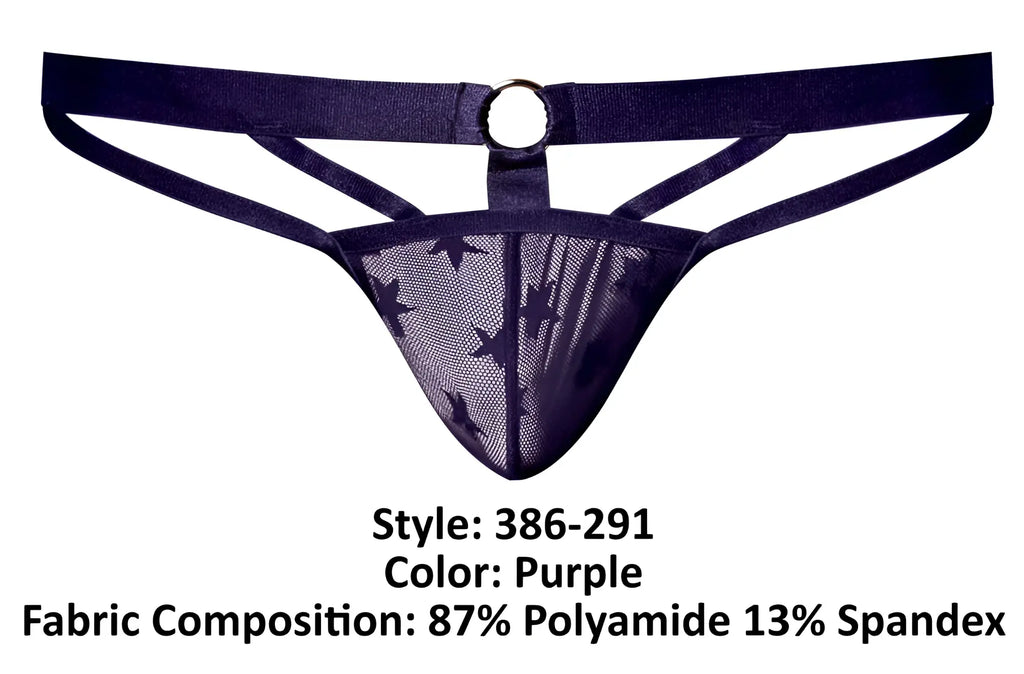 Purple star-patterned mesh thong jock with dark blue elastic waistband and metal ring by male power