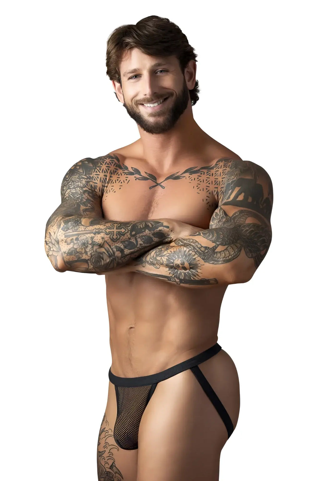 Male power 388-11c fishnet black mesh briefs with solid black waistband showing front side design