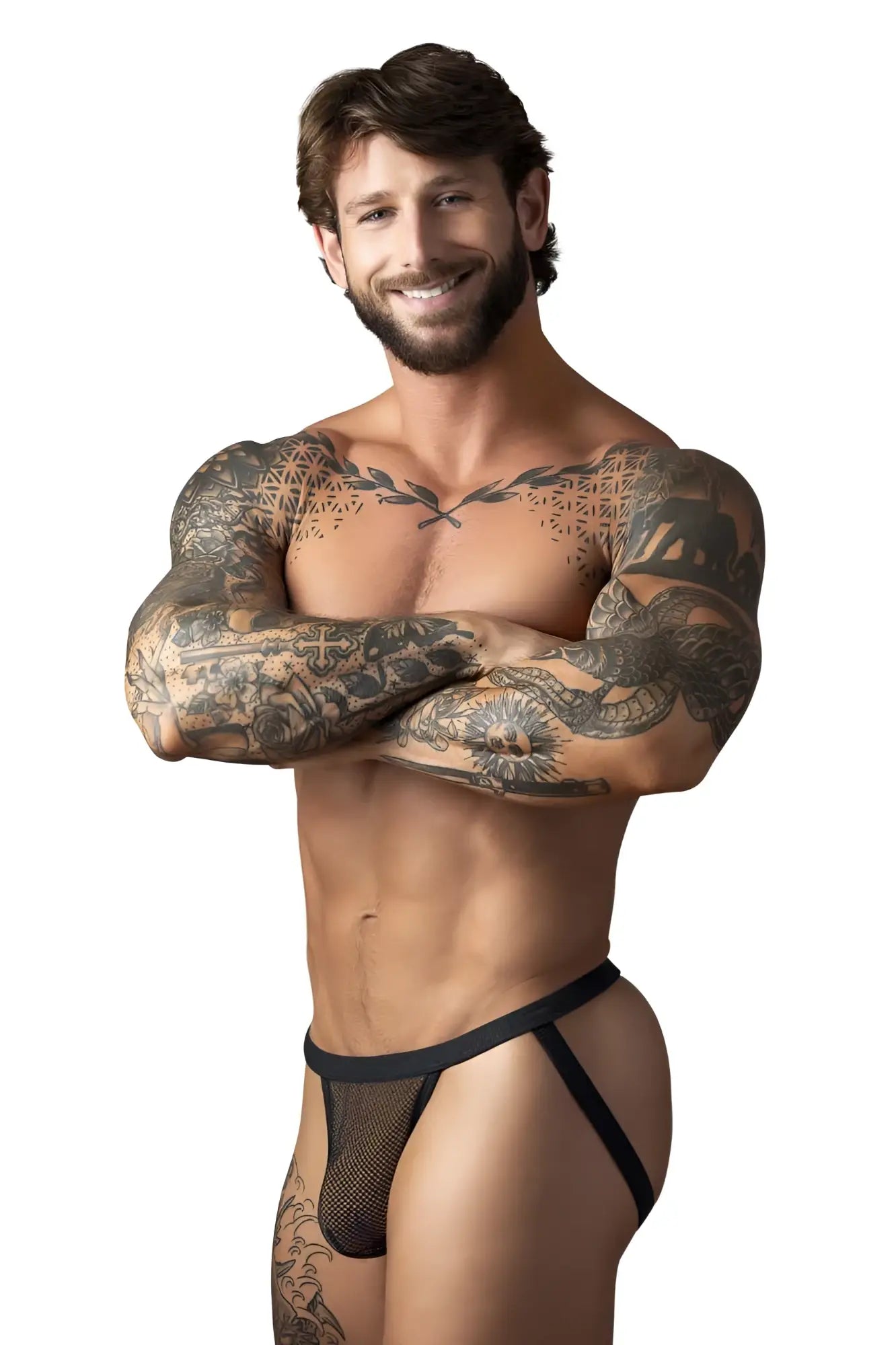 Male power 388-11c fishnet black mesh briefs with solid black waistband showing front side design