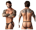 Male power 388-11c fishnet 2 jockstrap in black with black mesh briefs solid waistband and leg straps visible in back view