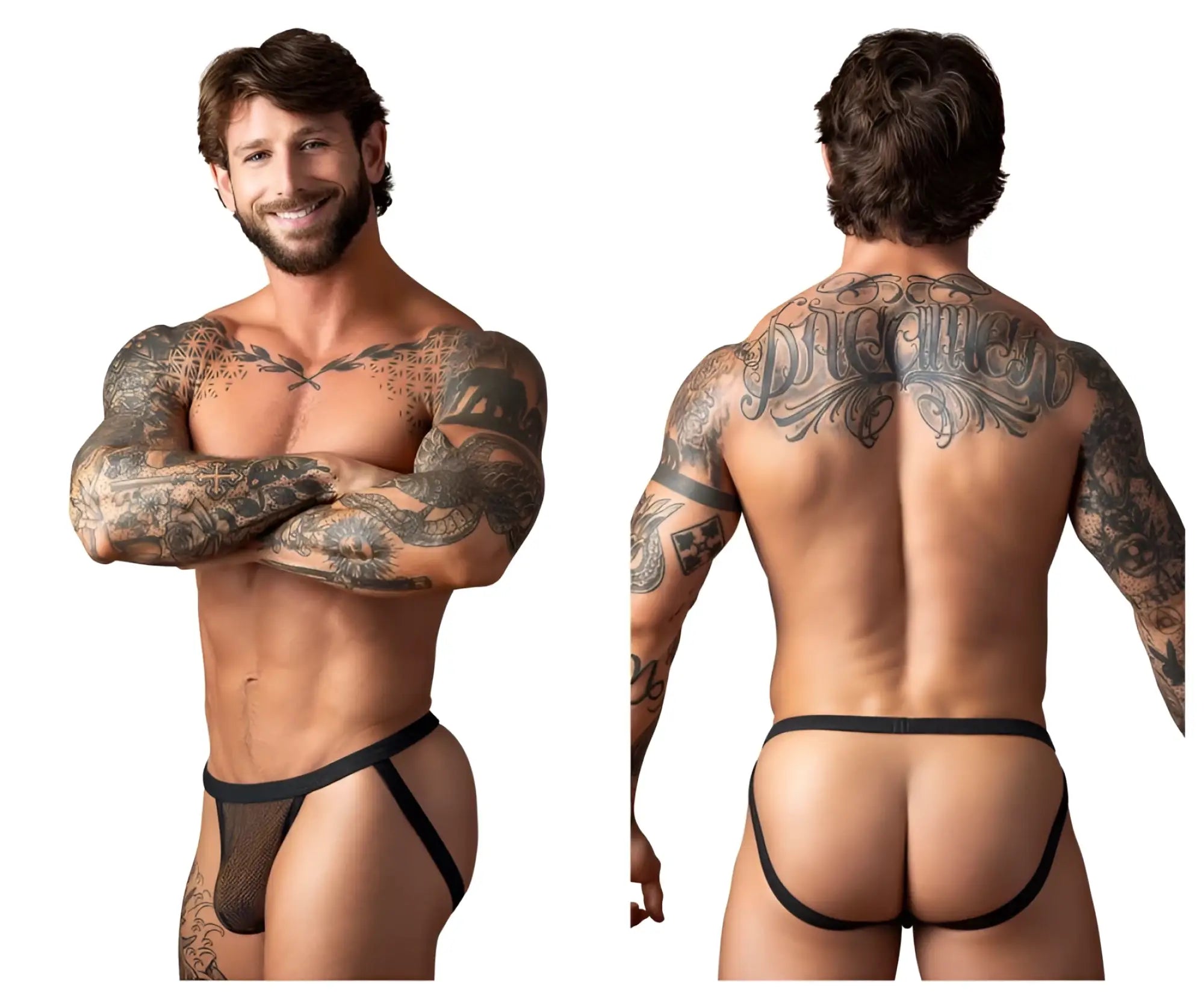 Male power 388-11c fishnet 2 jockstrap in black with black mesh briefs solid waistband and leg straps visible in back view