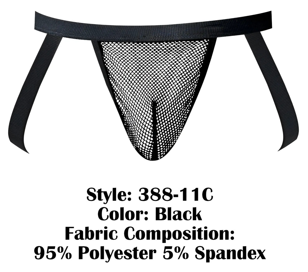 Black male power 388-11c fishnet thong with elastic waistband and side straps made from polyester and spandex