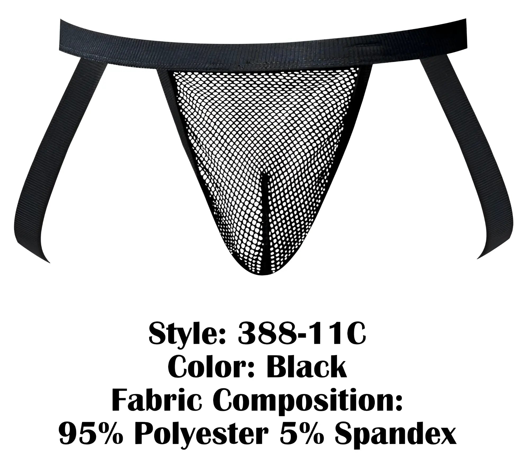 Black male power 388-11c fishnet thong with elastic waistband and side straps made from polyester and spandex