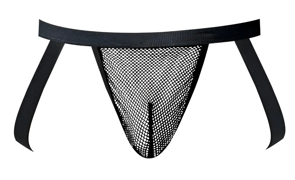 Male power 388-11c fishnet 2 jockstrap in black with black mesh thong, solid waistband, and side straps shown from the back