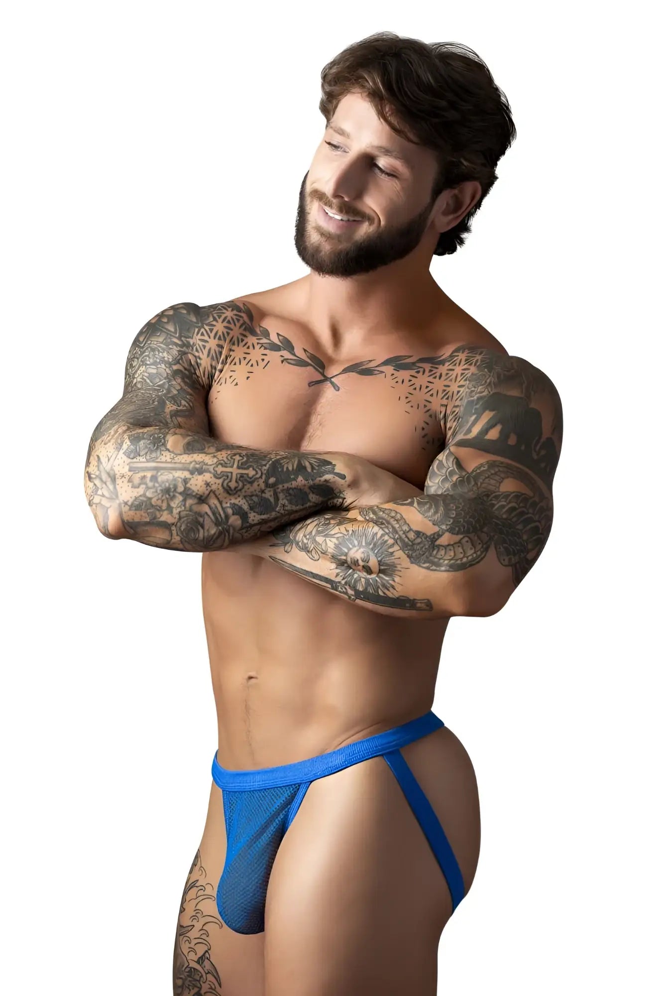 Male power 388-11c fishnet royal blue mesh briefs with thin side straps showcasing front design