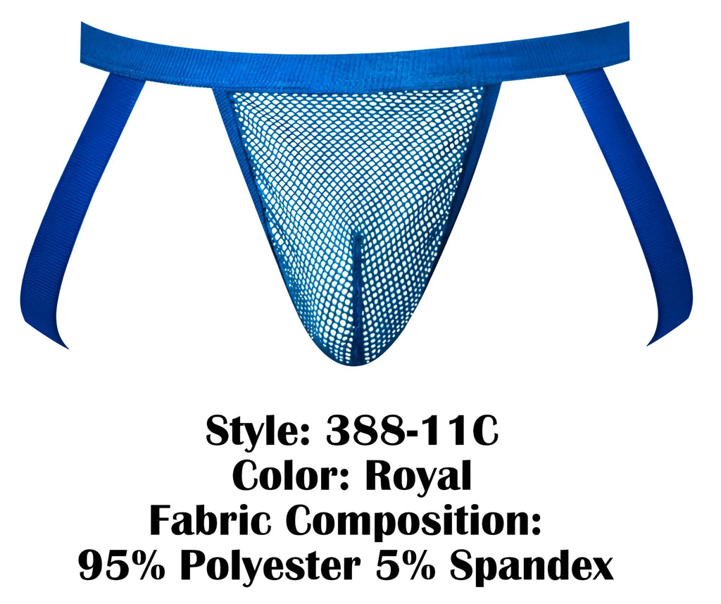 Royal blue mesh thong with solid waistband and side straps made of 95 polyester 5 spandex from male power fishnet jockstrap