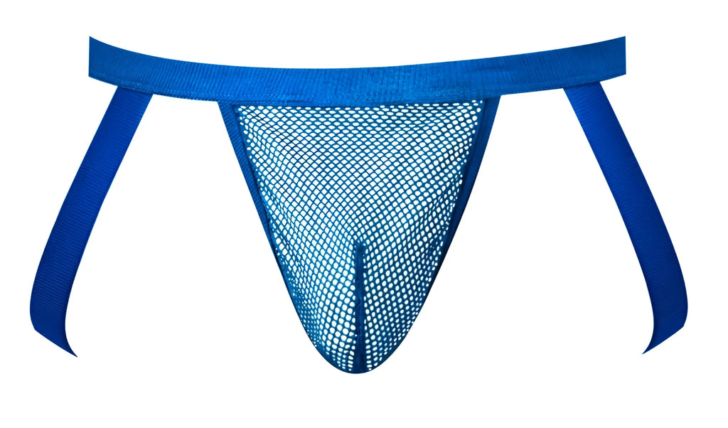 Male power 388-11c fishnet 2 jockstrap in royal blue with blue mesh thong front and solid waistband and side straps