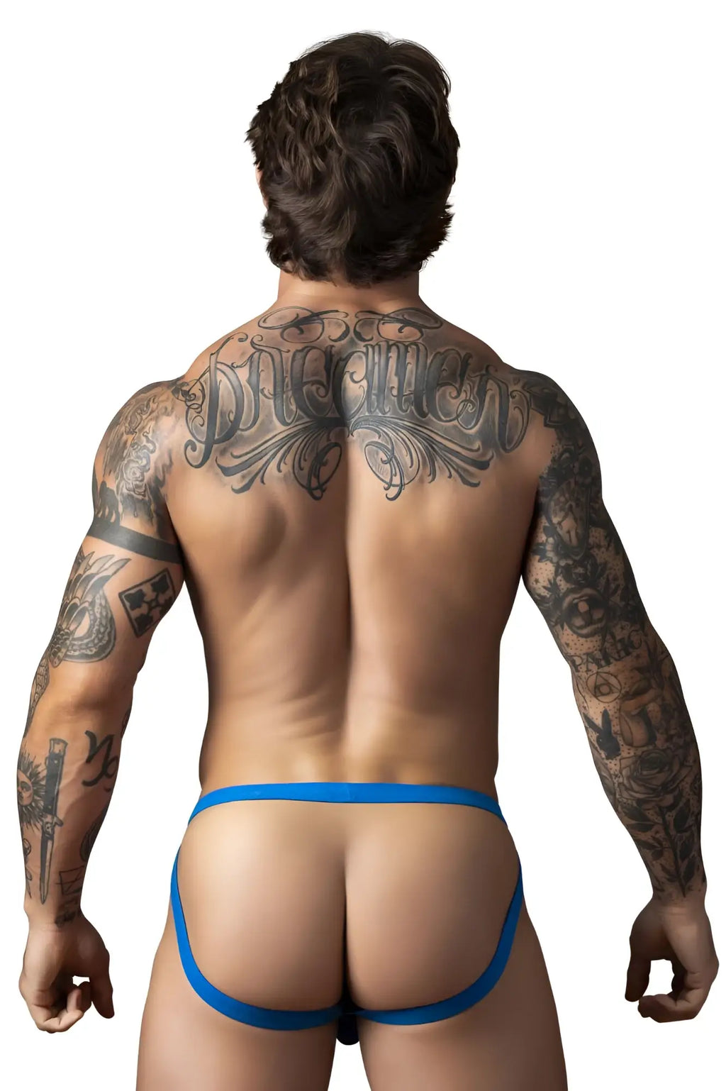 Male power 388-11c fishnet royal blue thong with snug fit and thin elastic waistband showing the back side
