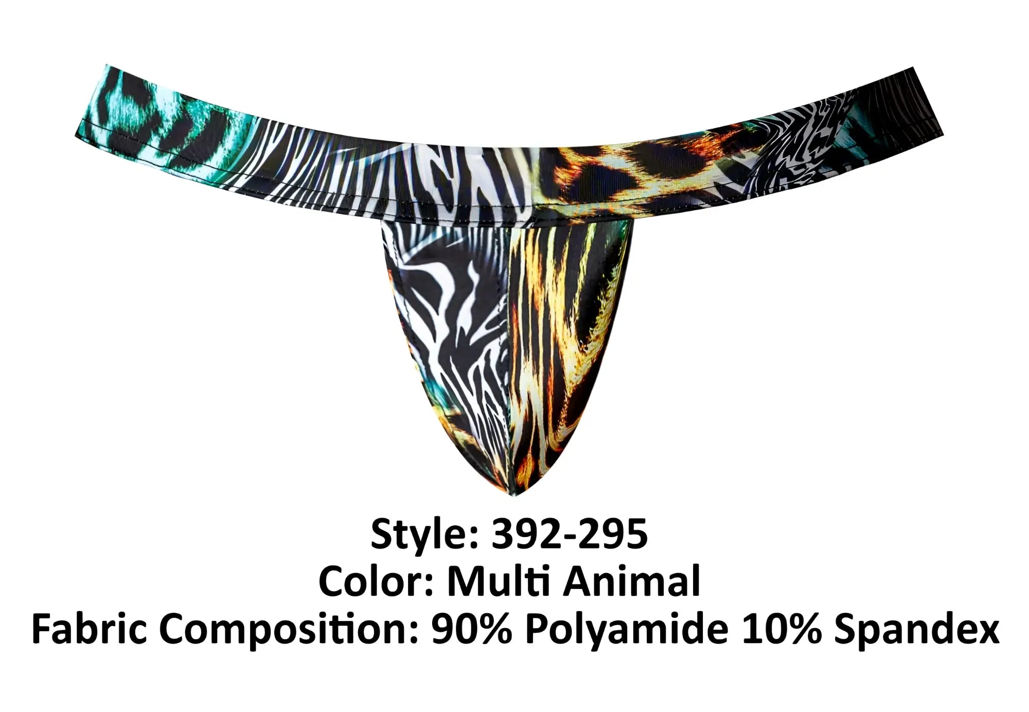 Male power 392-295 go wild sport jock multi-animal print thong with bold zebra leopard pattern and teal accents