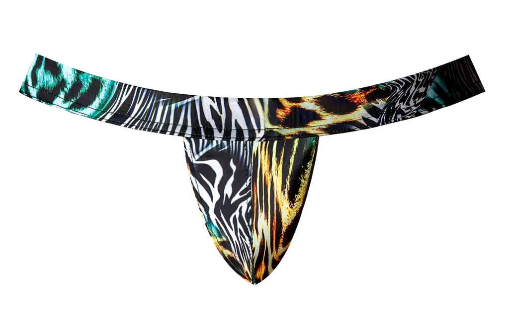 Male power 392-295 go wild sport jock thong with vibrant black white teal gold and orange zebra and leopard prints