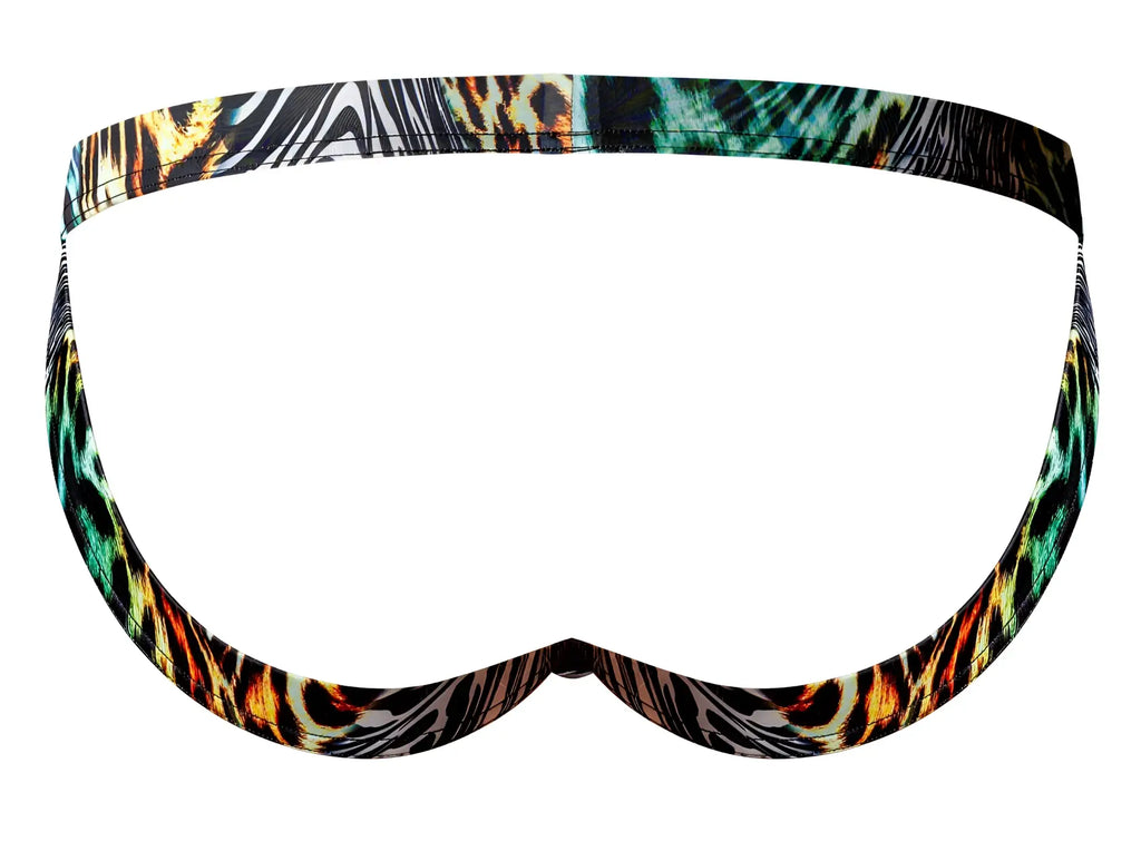 Male power 392-295 go wild sport jock swim trunks with bold orange teal leopard and zebra print in multi animal colors