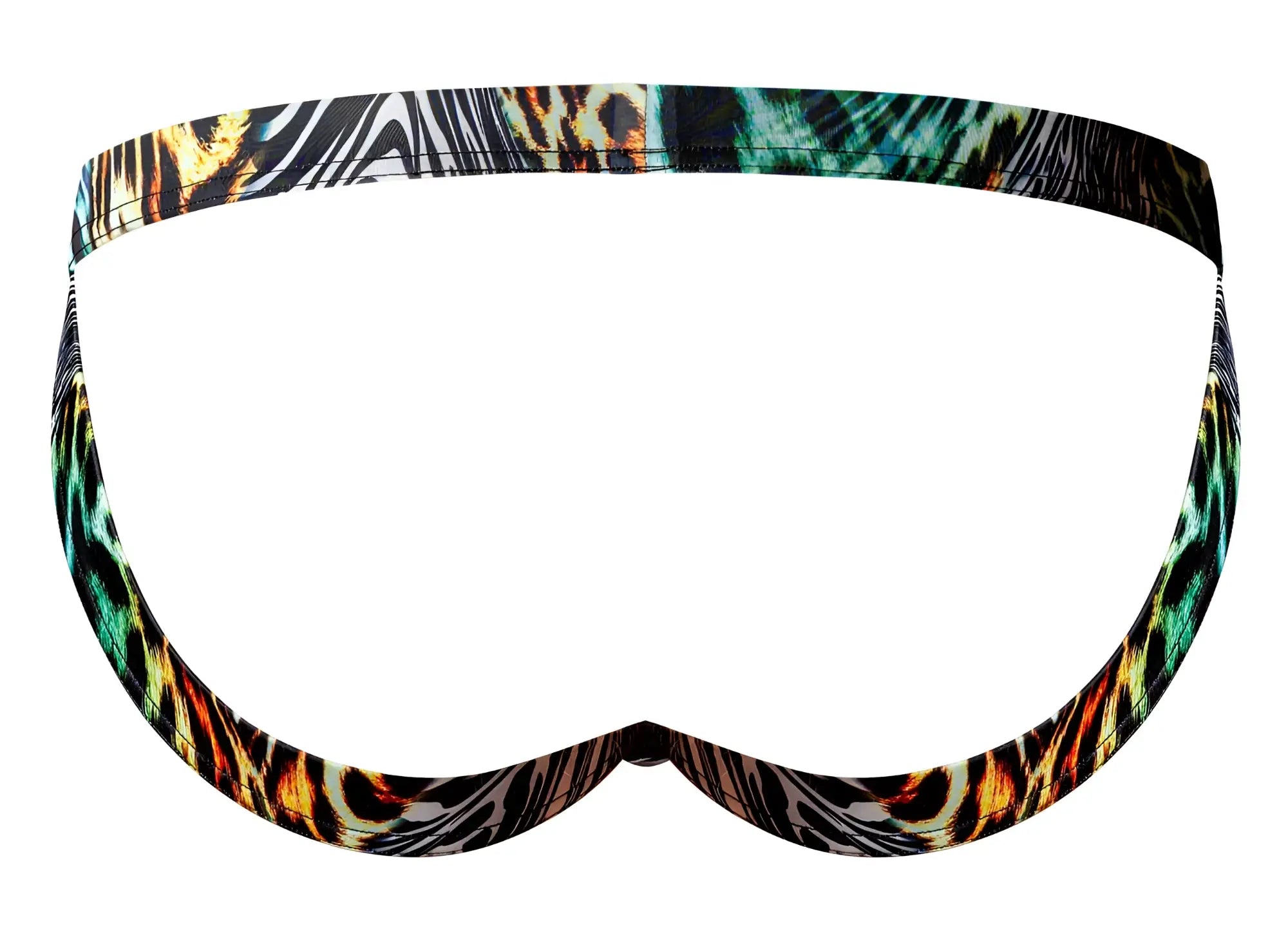Male power 392-295 go wild sport jock swim trunks with bold orange teal leopard and zebra print in multi animal colors