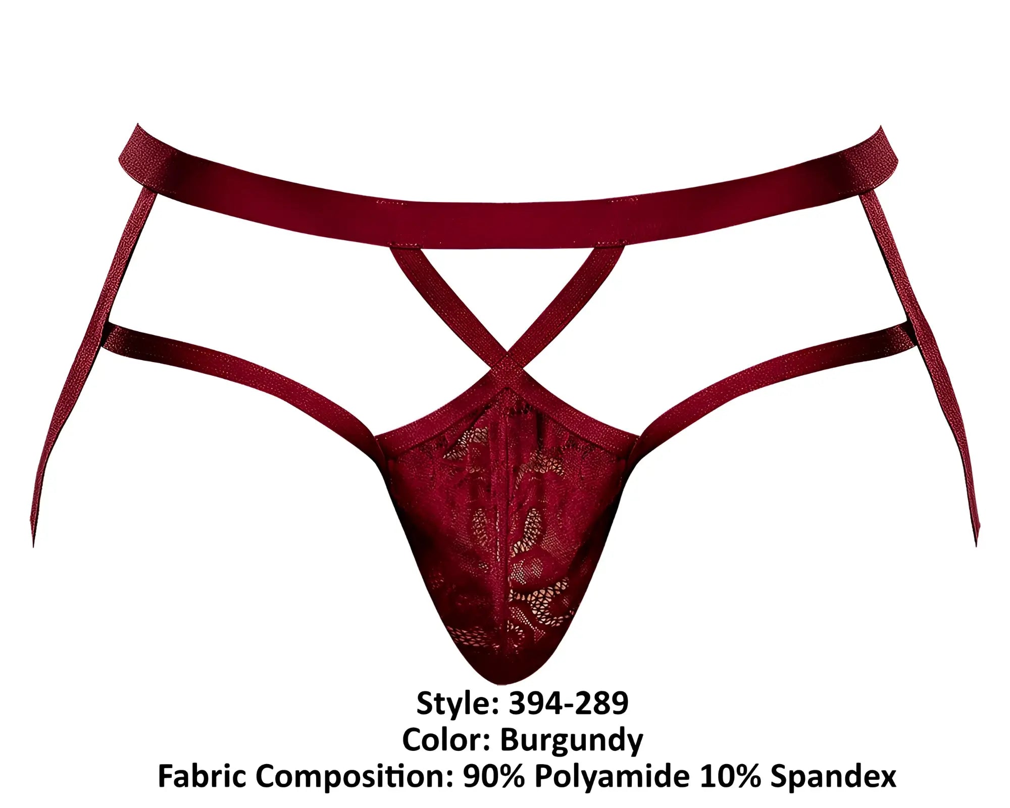 Burgundy lace thong with crisscross strap design and elasticized waistband from male power 394-289 lucifer strappy jock