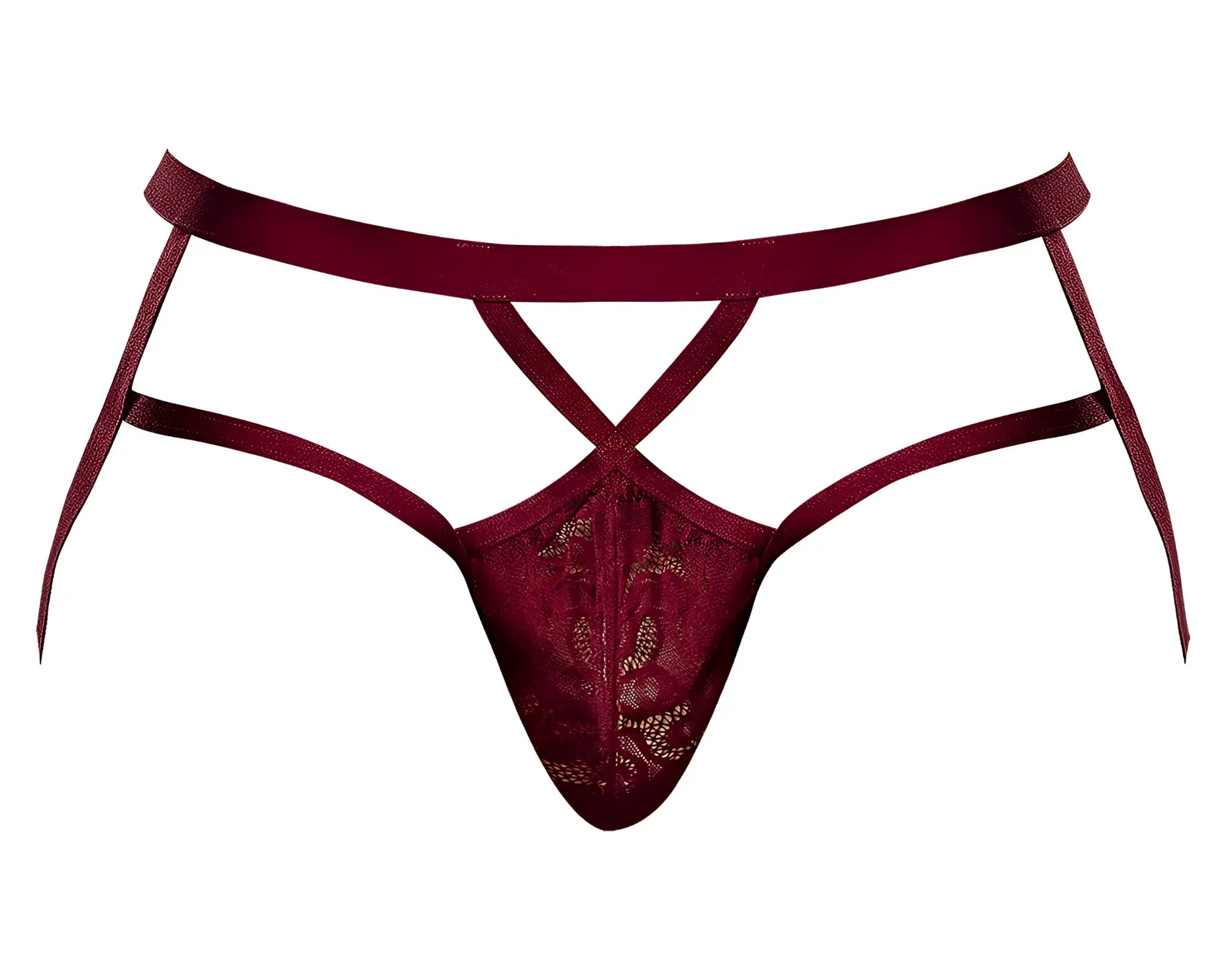 Maroon lace thong male power 394-289 lucifer strappy jock with crisscross straps and sheer patterned front panel
