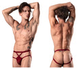 Male power 394-289 lucifer strappy jock in burgundy red lace thong with crisscross front straps and back strap shown from back
