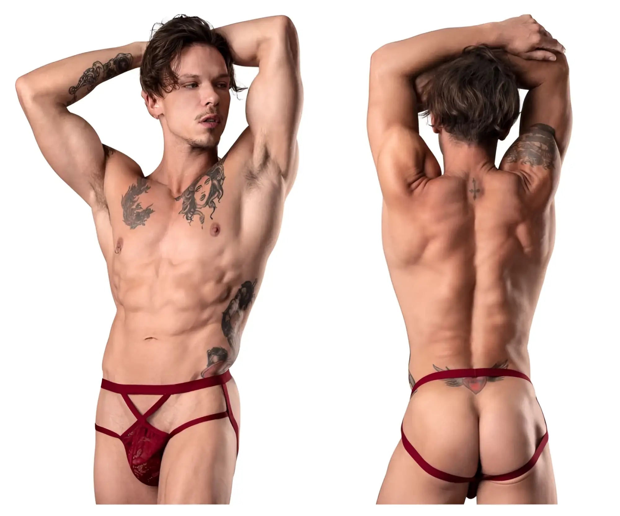 Male power 394-289 lucifer strappy jock in burgundy red lace thong with crisscross front straps and back strap shown from back