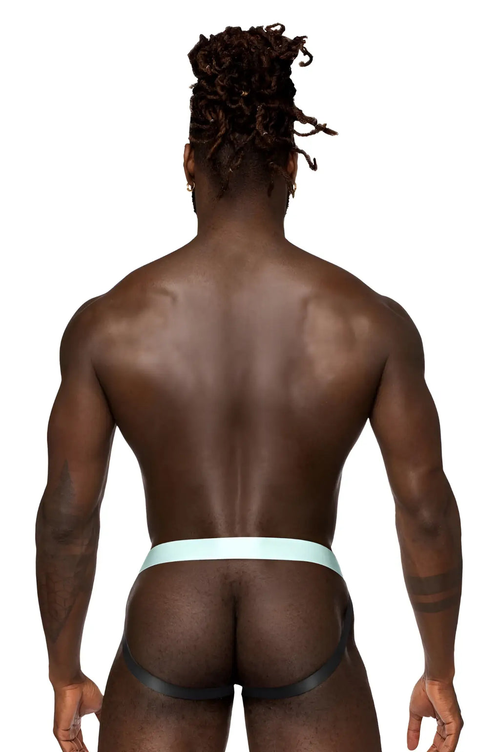 Male power 399-281 easy breezy jock sleeve athletic briefs in black and aqua with a sleek form-fitting design