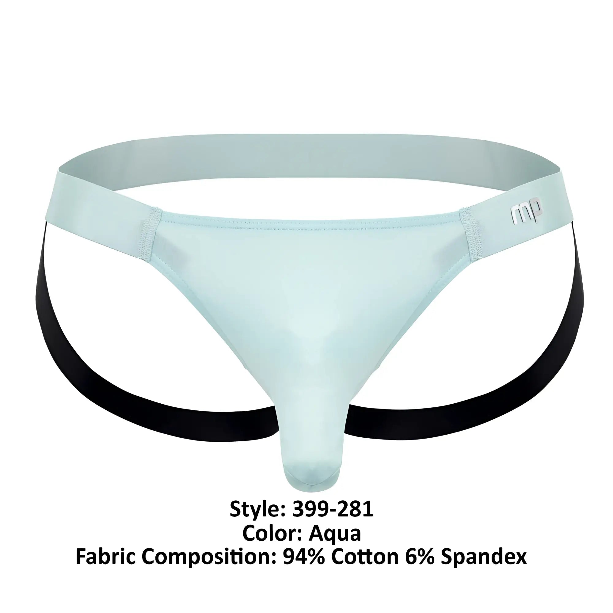 Male Power aqua men’s thong with black side straps and mp logo waistband made of 94% cotton 6% spandex