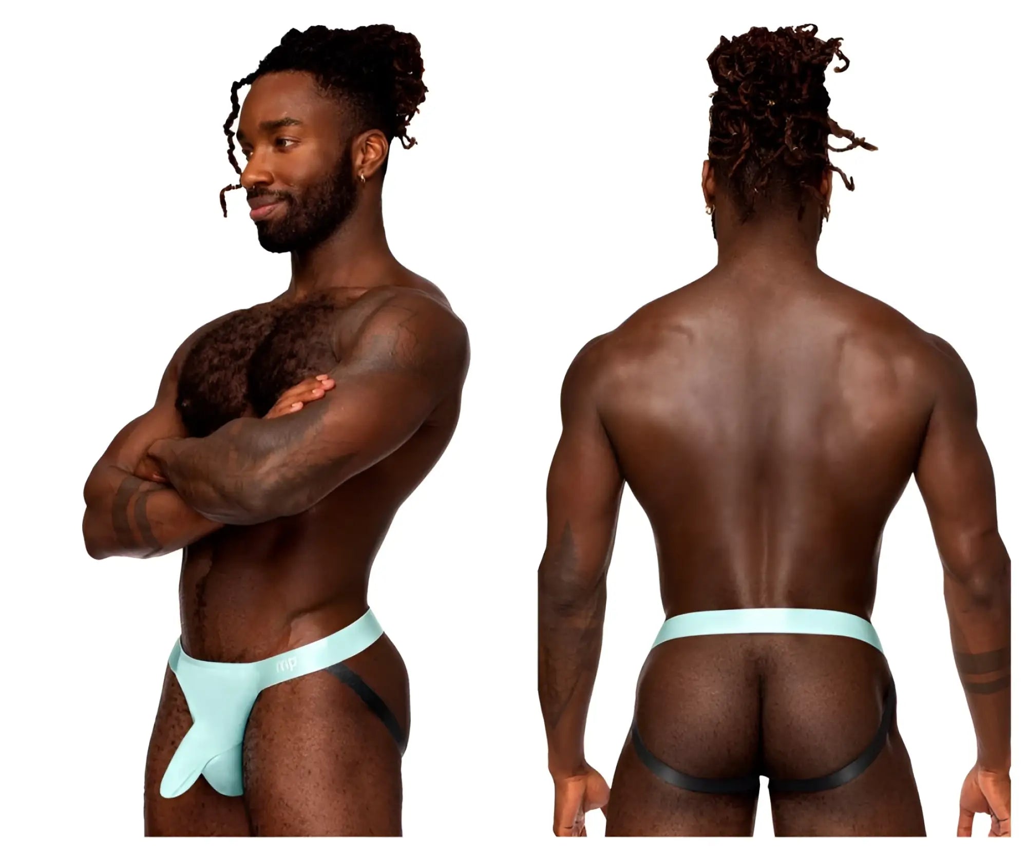Male power 399-281 easy breezy jock sleeve athletic briefs in aqua with black contoured supportive design