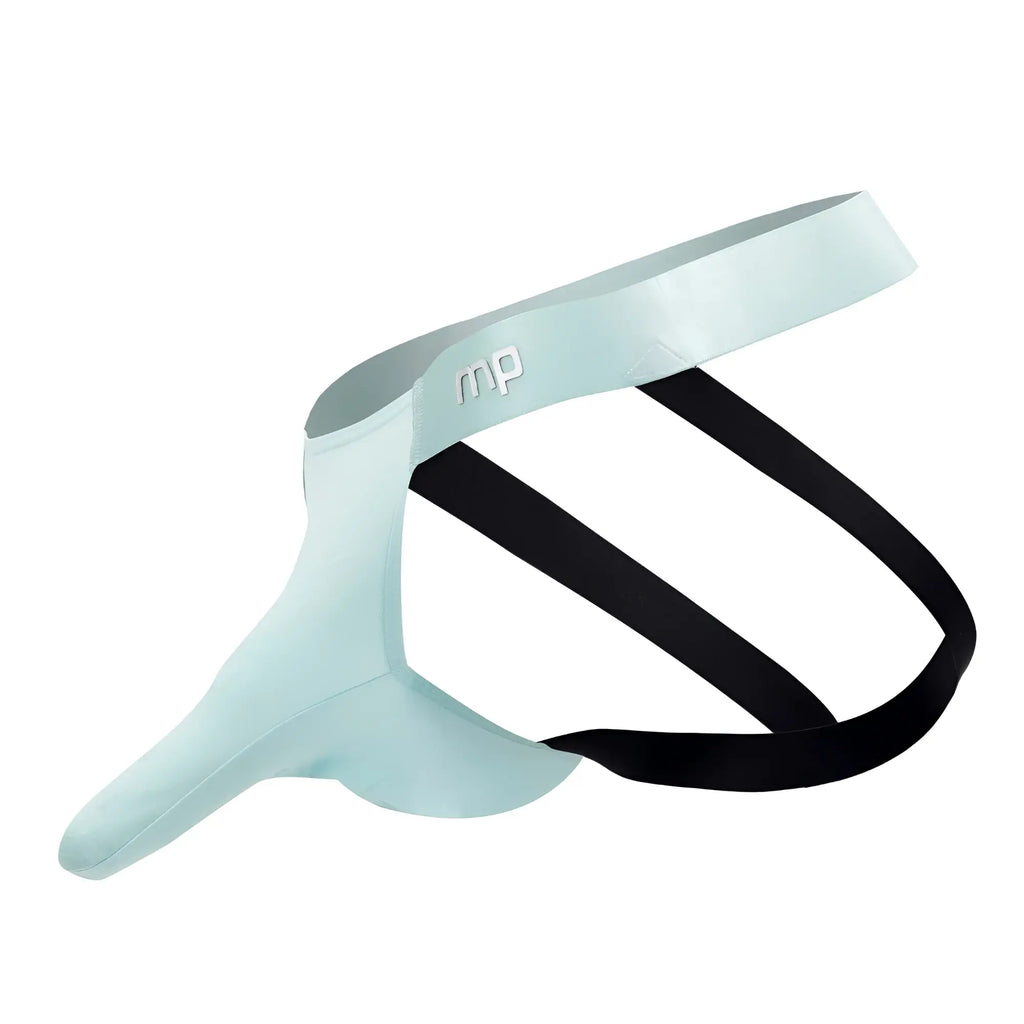 Light blue male power easy breezy jock sleeve with black elastic straps in aqua color for comfortable support