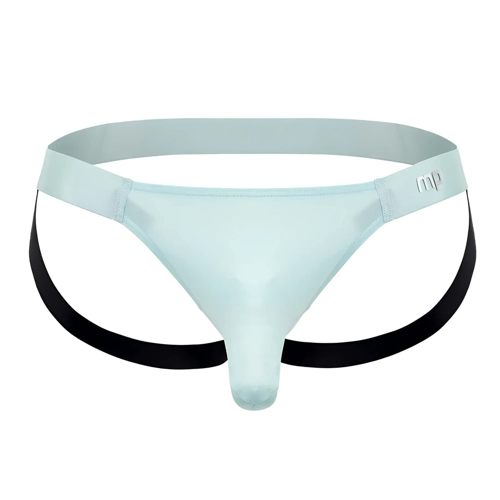 Male power 399-281 easy breezy jock sleeve in aqua sheer nylon thong with black side straps and subtle mp logo waistband