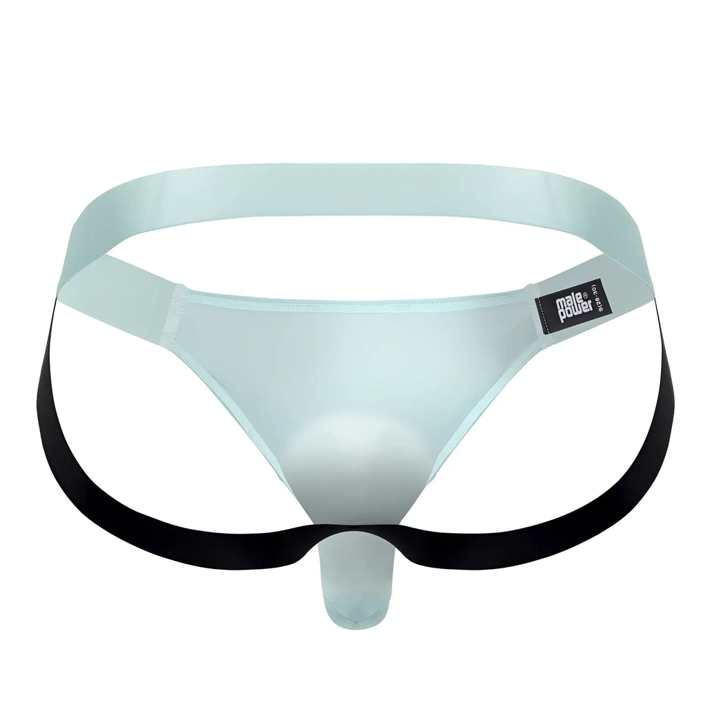 Male power 399-281 easy breezy jock sleeve in aqua featuring light blue sheer thong front with black side straps and branded tag