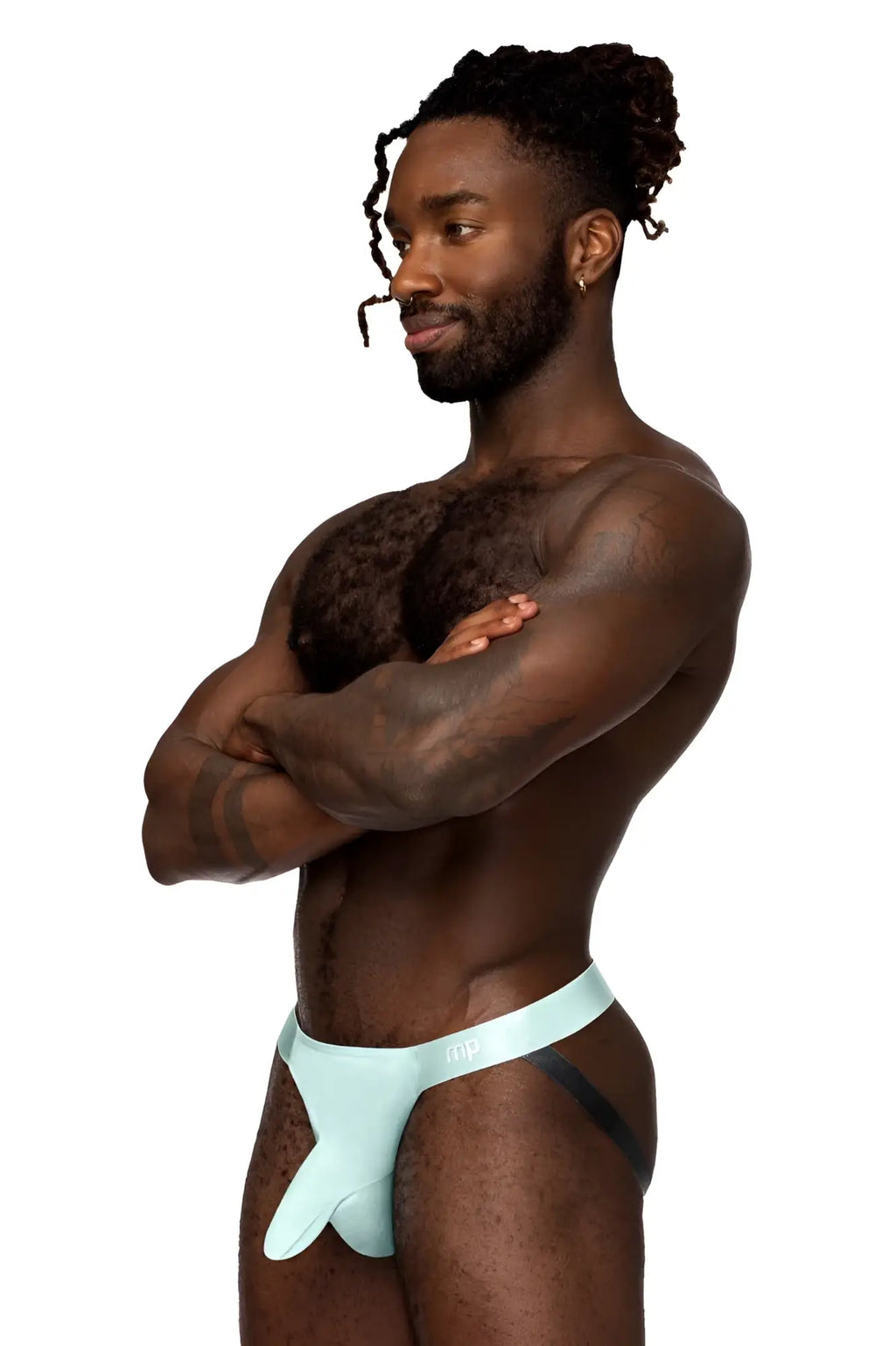 Light blue sleek form-fitting men’s briefs with subtle black waistband trim from male power 399-281 easy breezy jock sleeve