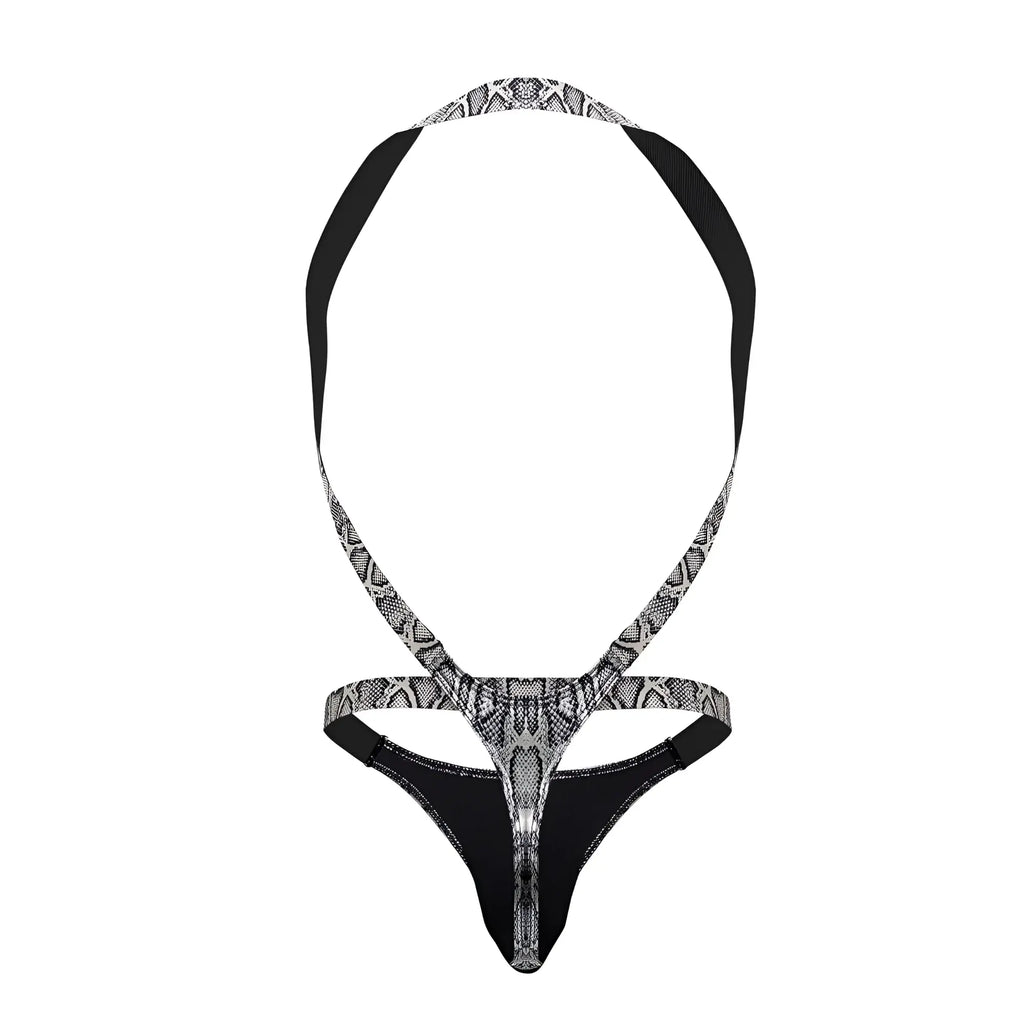 Black and silver snake-print halter-style thong with back strap design by Male Power in silver-black color