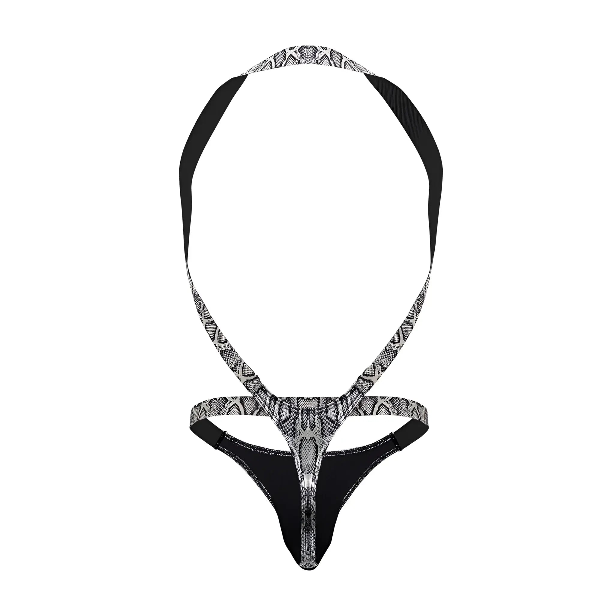 Black and silver snake-print halter-style thong with back strap design by Male Power in silver-black color