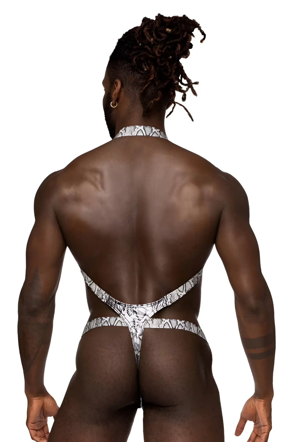 Back view of male power 404-282 s-naked shoulder sling thong in silver-black snake print with halter-style straps