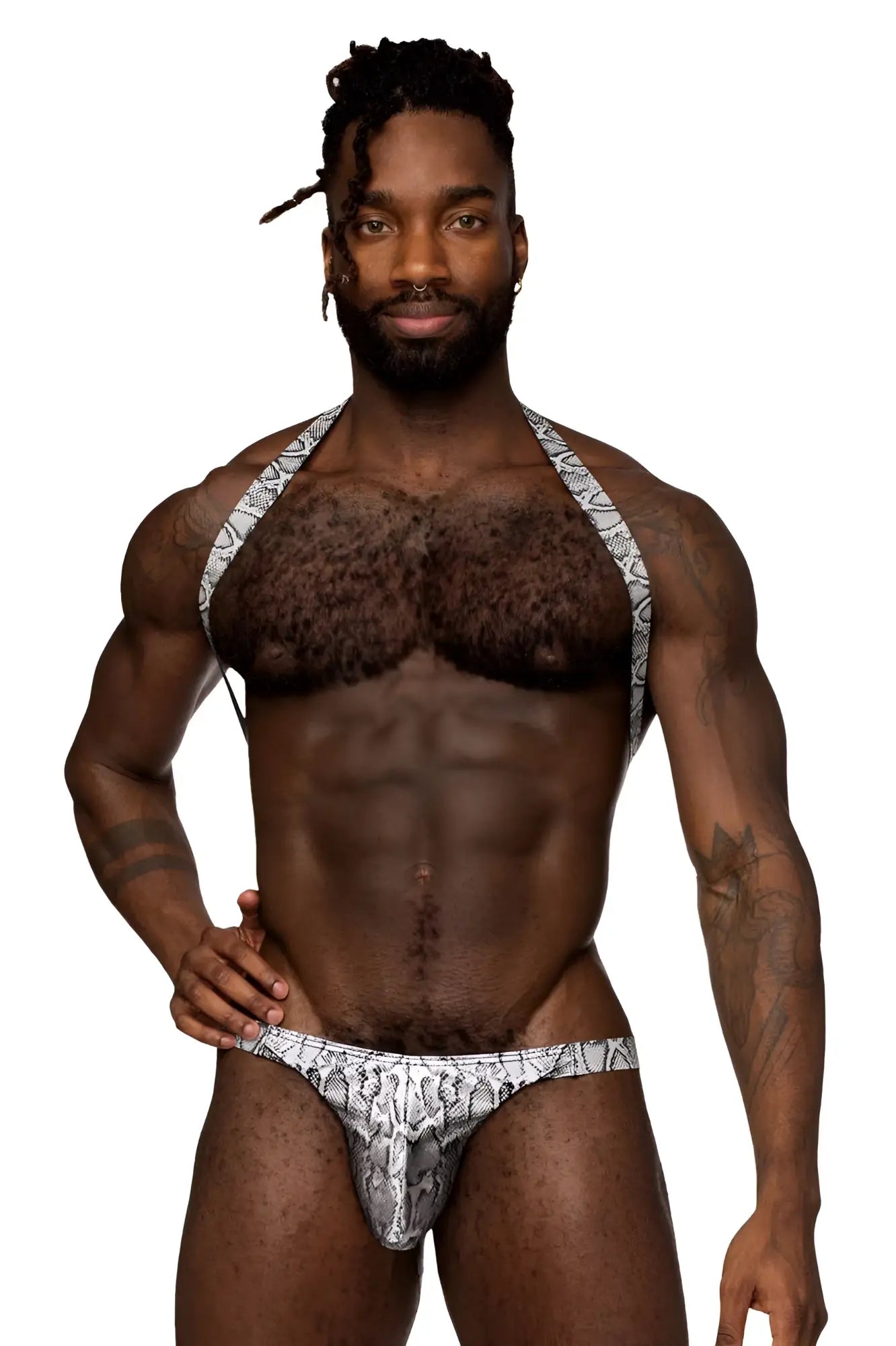 Male power 404-282 s-naked shoulder sling harness thong in silver-black with black and white snake-patterned fitted design