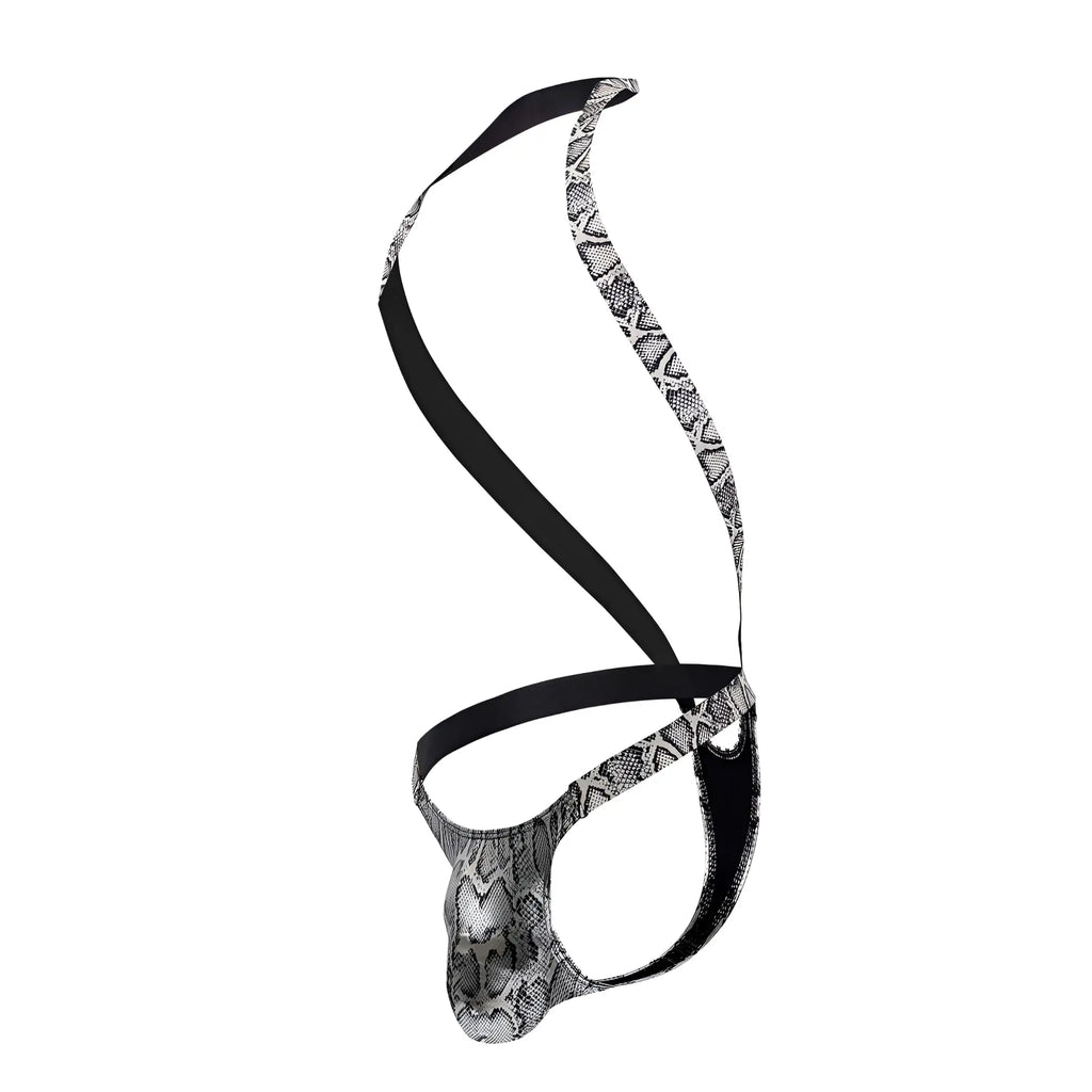 Black and silver snake-print men’s briefs with sleek form-fitting design from male power 404-282 harness thong