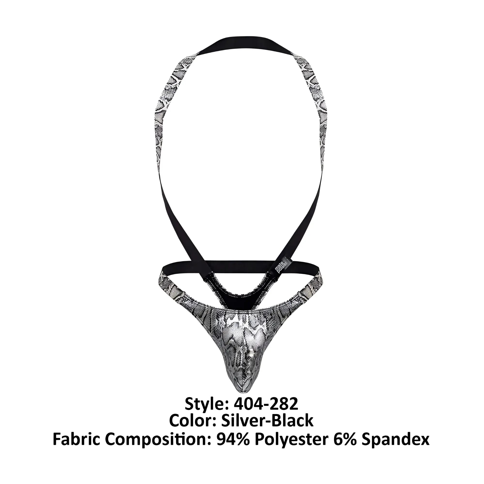 Male Power 404-282 silver-black snake-print men’s briefs with black straps and stretchy form-fitting design