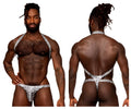 Silver and black snake-patterned men’s thong with halter-style straps from male power 404-282 harness collection