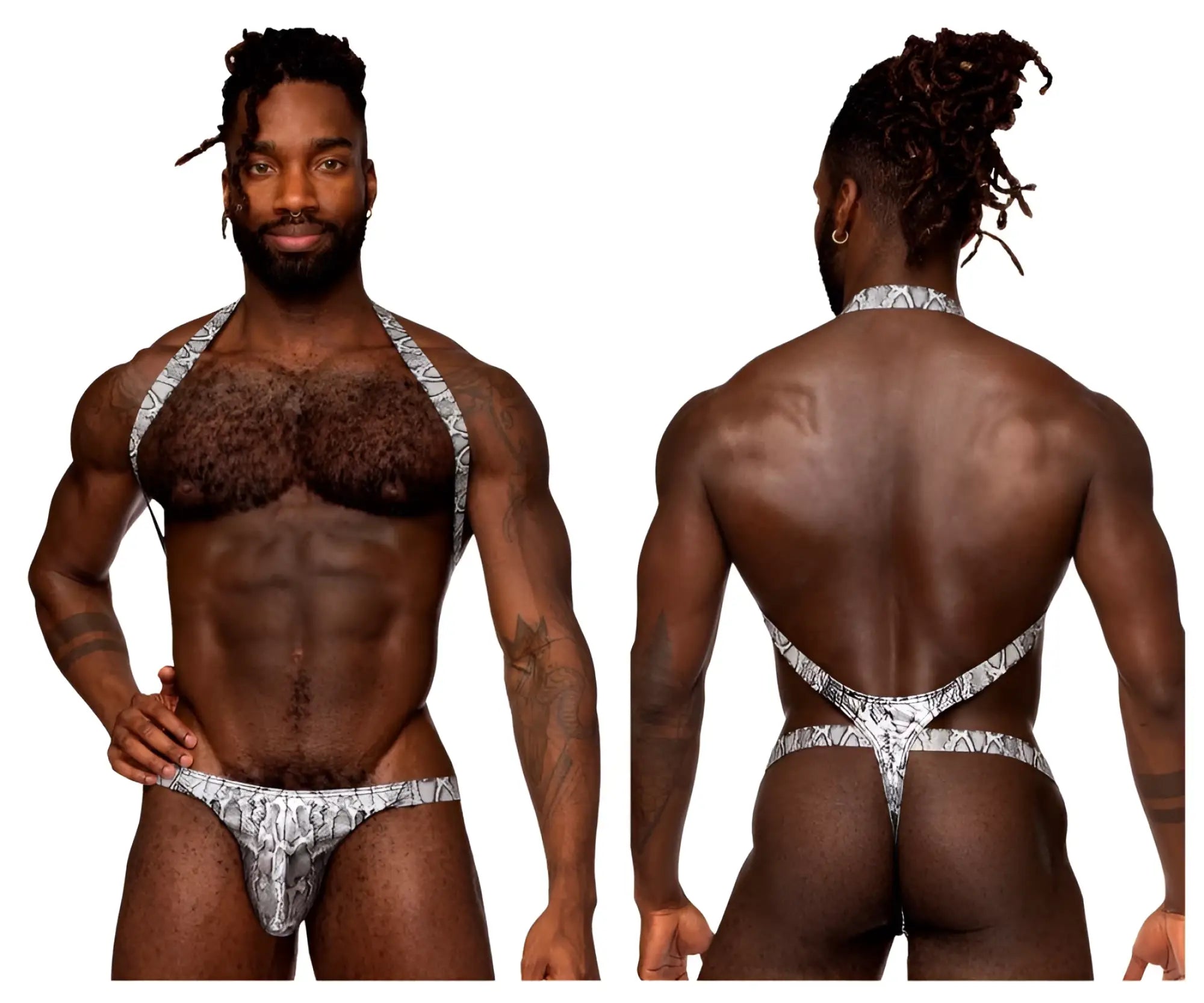 Silver and black snake-patterned men’s thong with halter-style straps from male power 404-282 harness collection