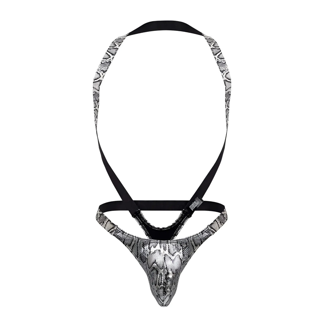 Male power 404-282 s-naked shoulder sling harness thong in black and silver snake-print with adjustable straps