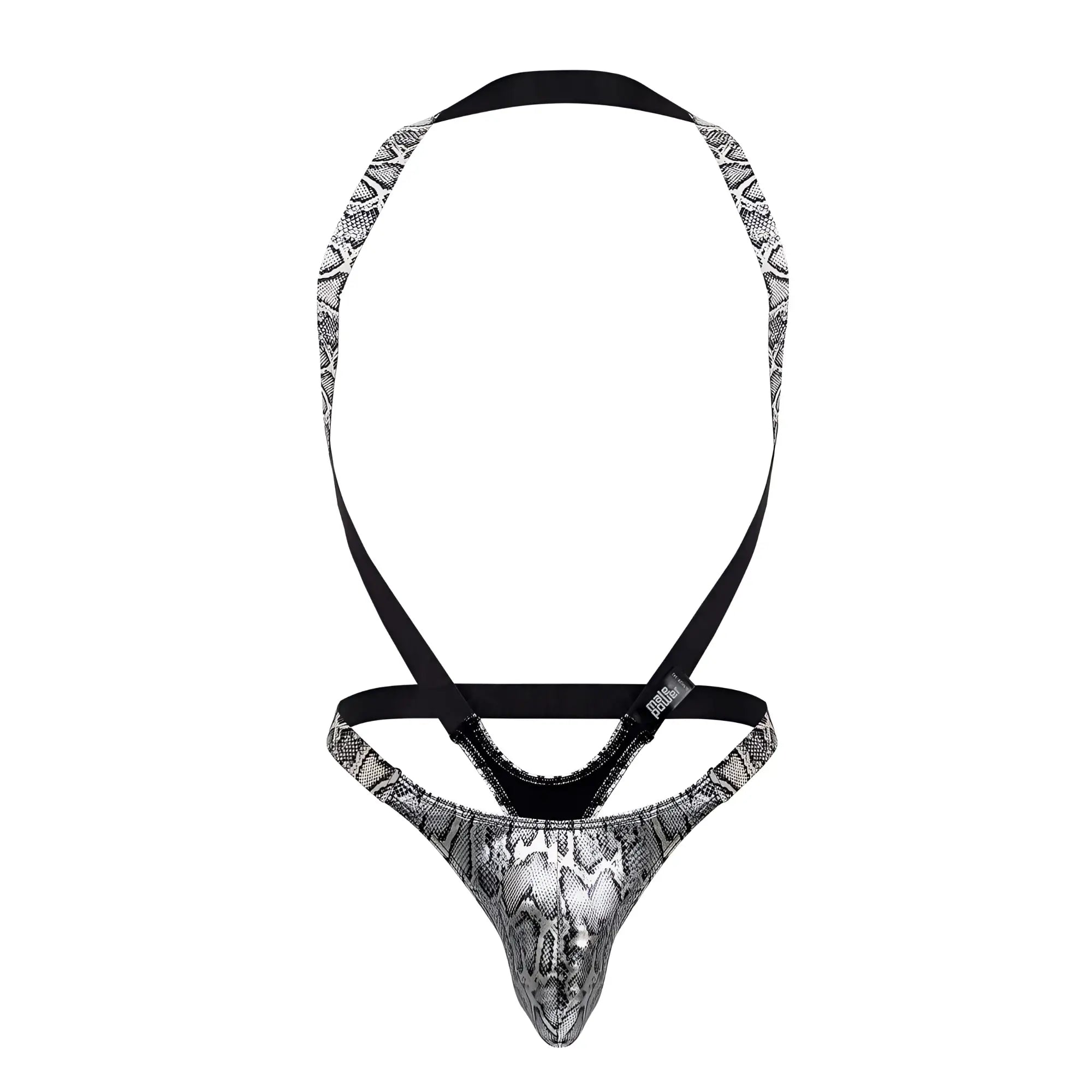 Male power 404-282 s-naked shoulder sling harness thong in black and silver snake-print with adjustable straps