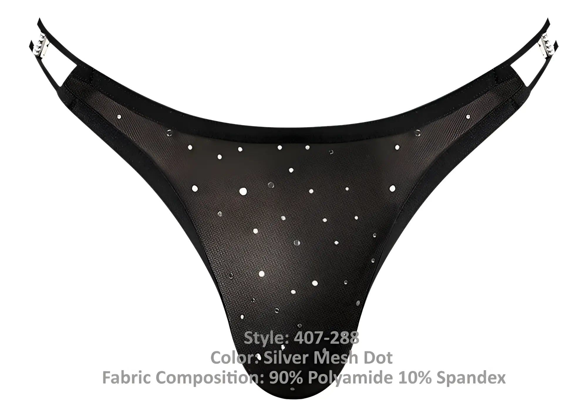 Black male power 407-288 show stopper thong in silver mesh dot with adjustable straps and sleek design