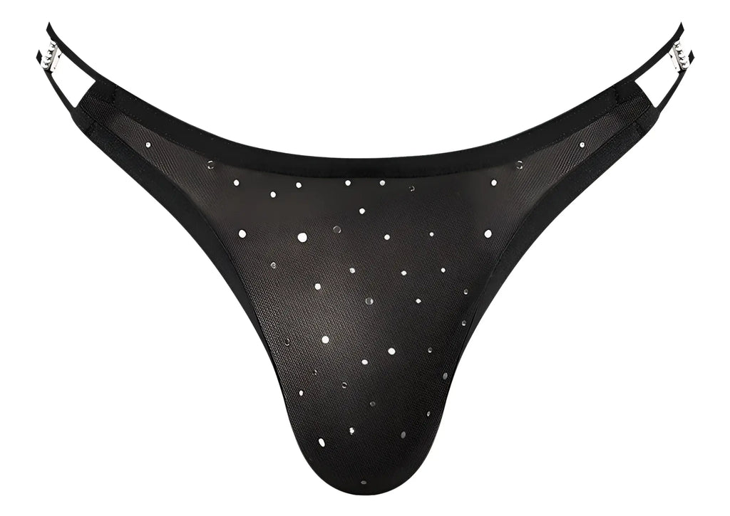 Male Power 407-288 Show Stopper silver mesh dot thong with black mesh, silver rhinestones, and adjustable metallic straps