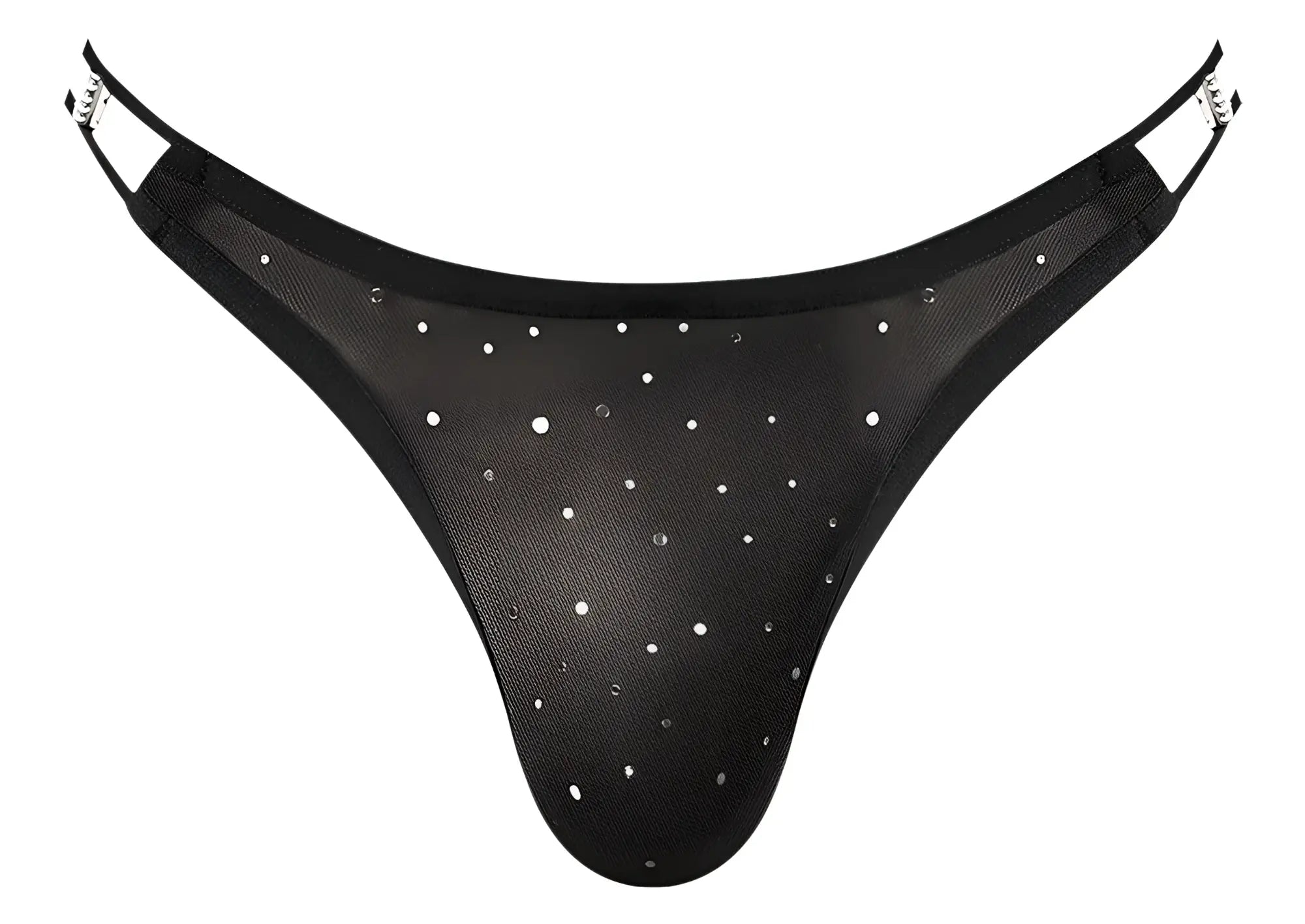 Male Power 407-288 Show Stopper silver mesh dot thong with black mesh, silver rhinestones, and adjustable metallic straps