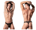 Black sheer thong with gold glitter detailing from male power show stopper collection in silver mesh dot fabric
