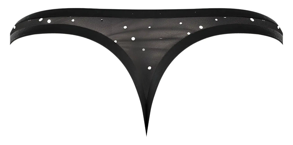 Black sheer male power 407-288 show stopper thong with white dot embellishments in silver mesh fabric