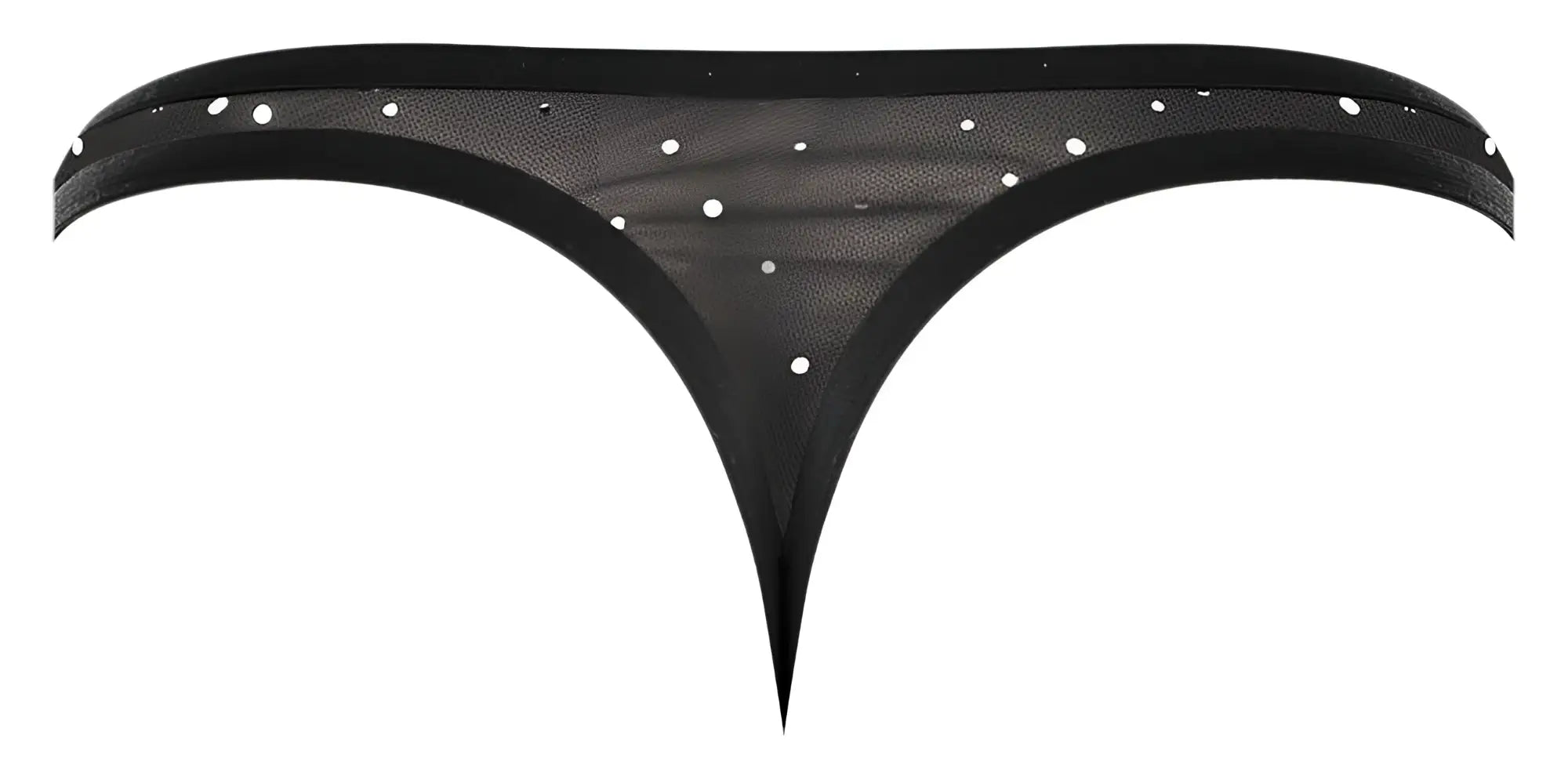 Black sheer male power 407-288 show stopper thong with white dot embellishments in silver mesh fabric