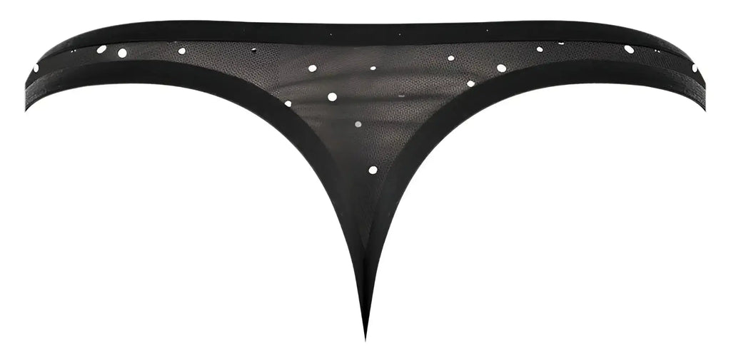 Black sheer male power 407-288 show stopper thong with white dot embellishments in silver mesh fabric