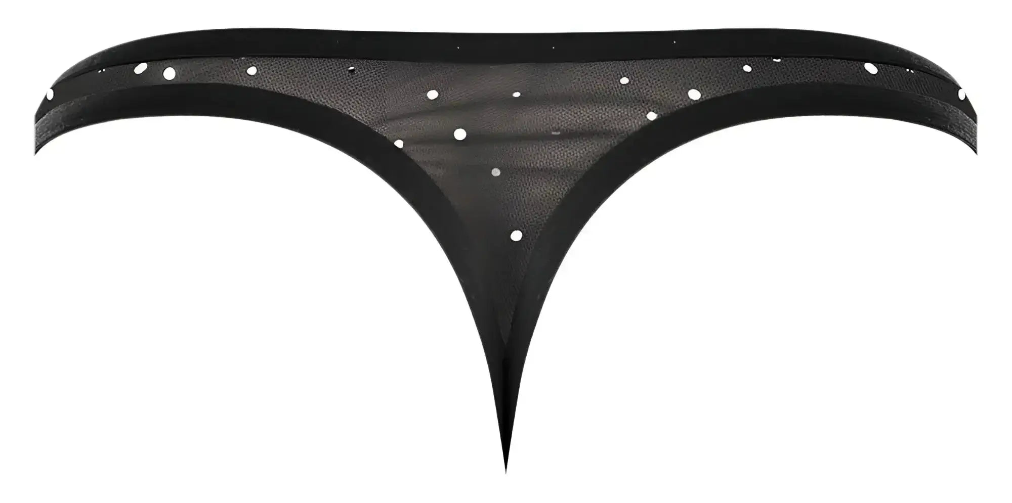 Black sheer male power 407-288 show stopper thong with white dot embellishments in silver mesh fabric