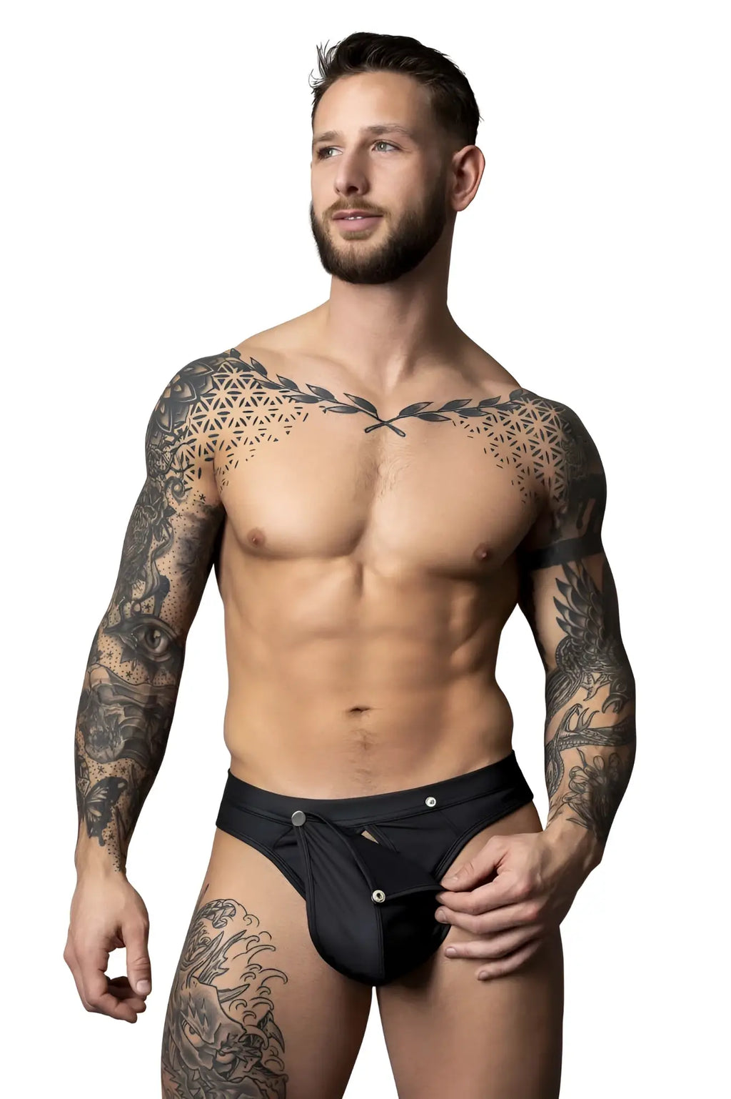 Black male power 410-298 oh snap snap off thong briefs with front closure featuring three silver-toned buttons