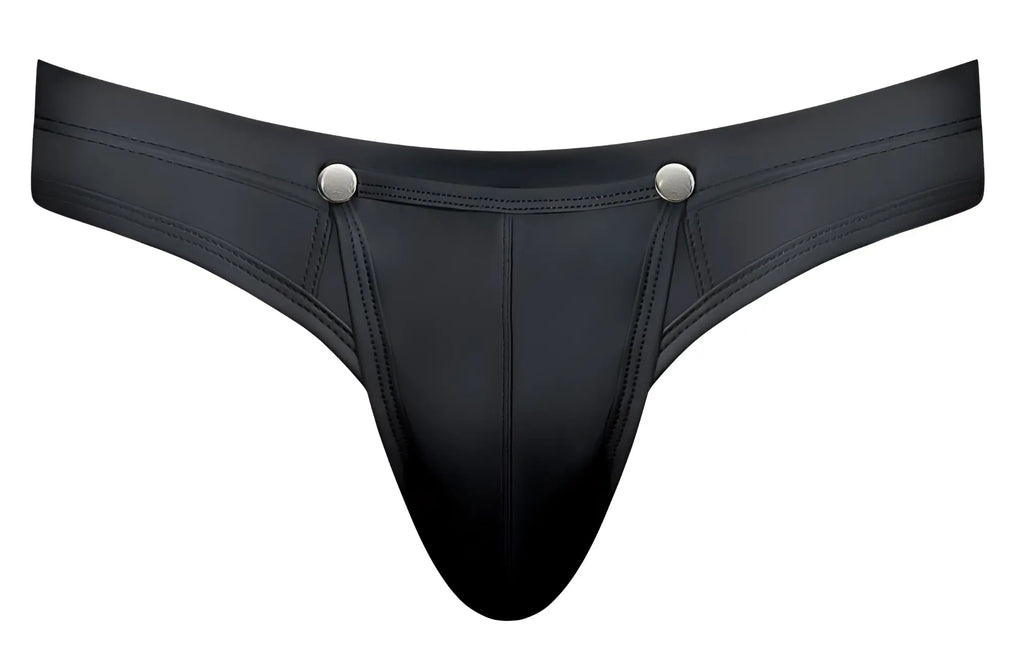 Black leather male power 410-298 oh snap snap off thong with silver snap buttons at waistband