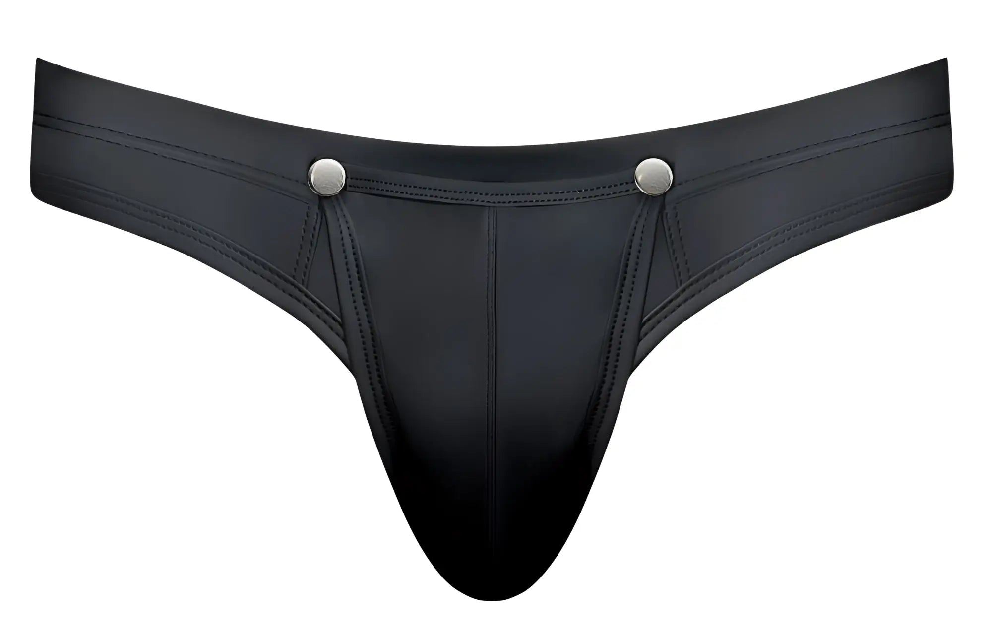 Black leather male power 410-298 oh snap snap off thong with silver snap buttons at waistband