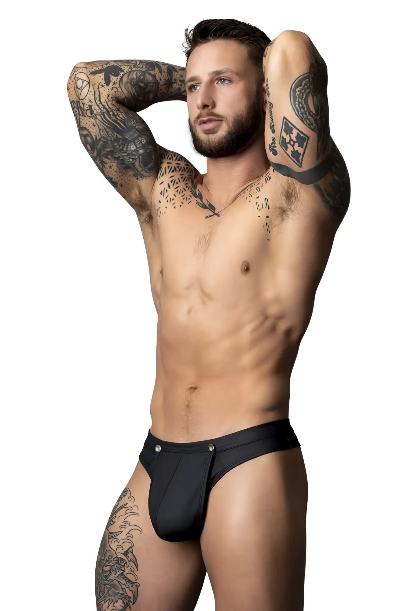 Male power 410-298 oh snap snap off thong in black black leather briefs with silver toned button closures