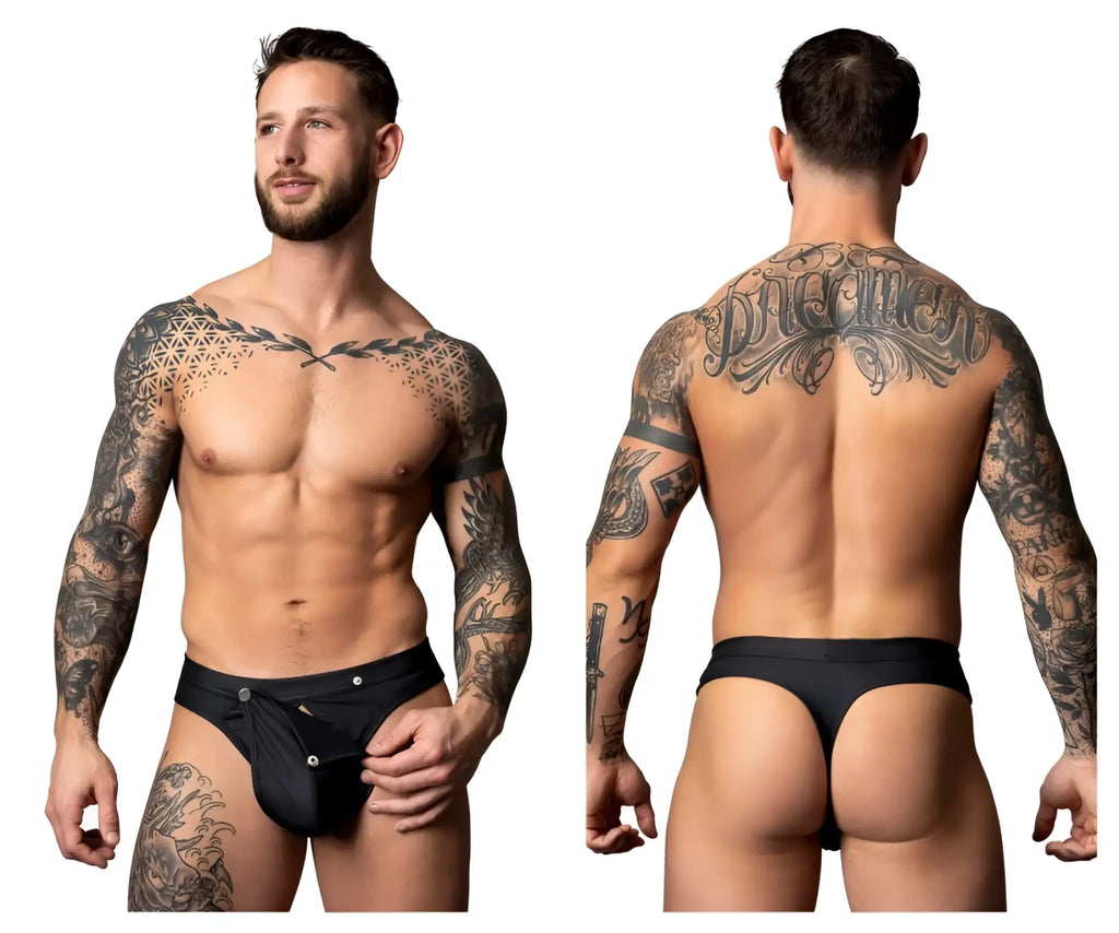 Black male power thong with silver button closures designed for easy snap off and on use